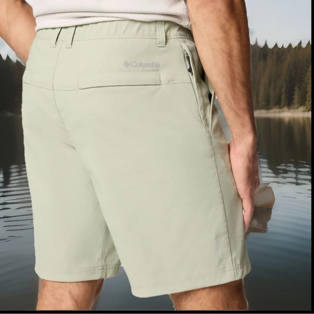Columbia Men's Chino Shorts Button Zip Blue Waist 36W 8Long  Slash Pockets 36W